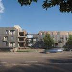 Contemporary multi-story residential building with modern architectural design and landscaped outdoor space.