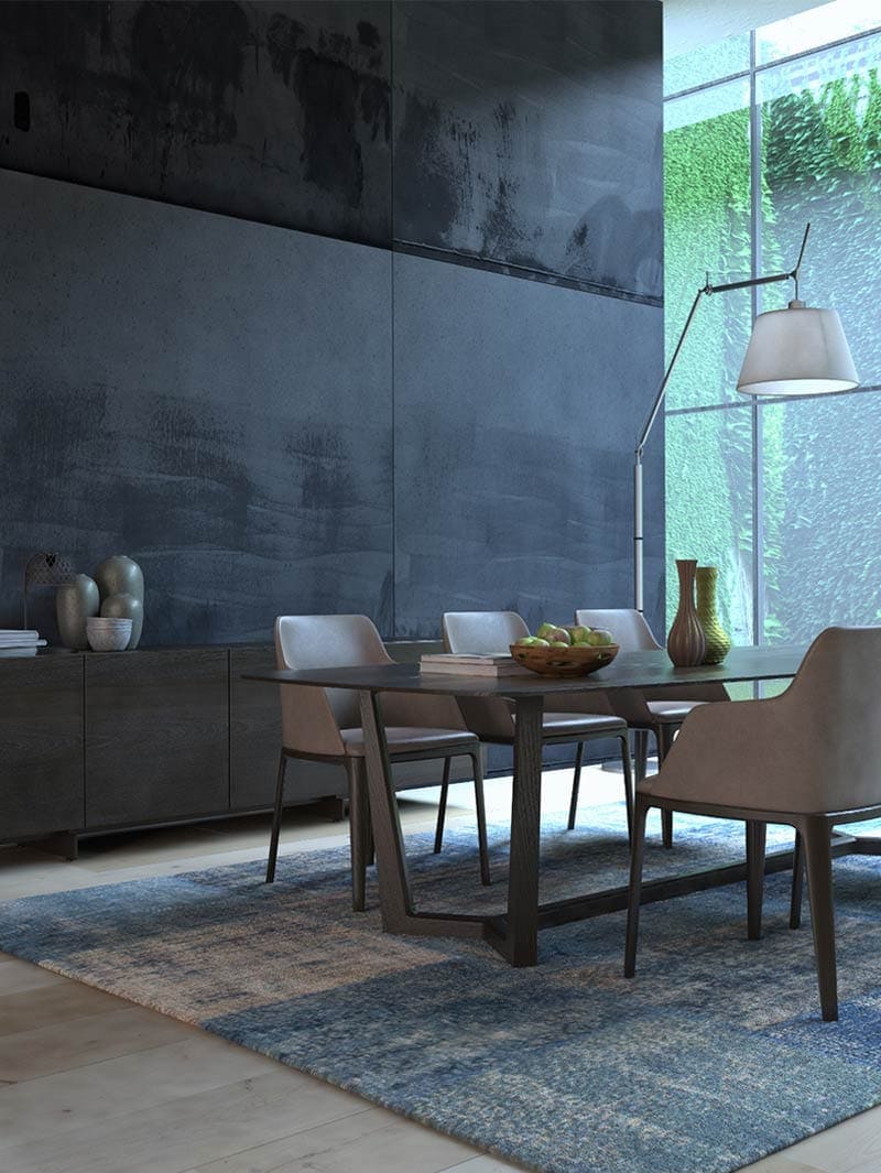 Modern dining room with sleek furniture and minimal decor.