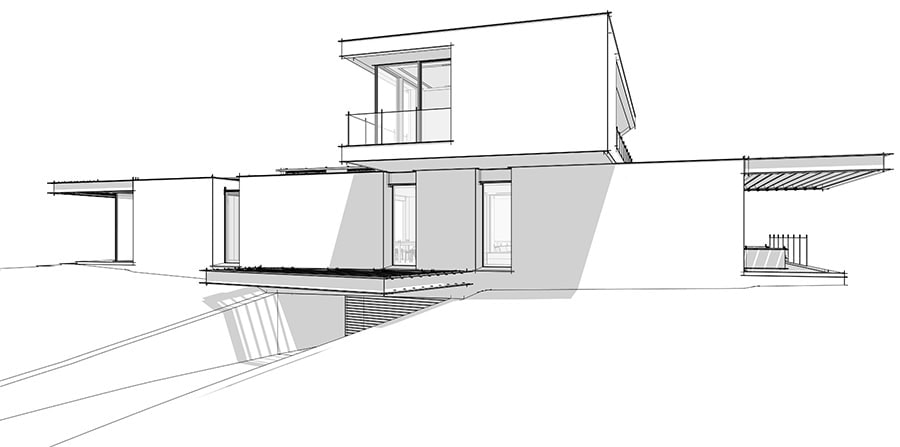 Modern residential house architectural sketch, minimalist design with clean lines and flat roofs.