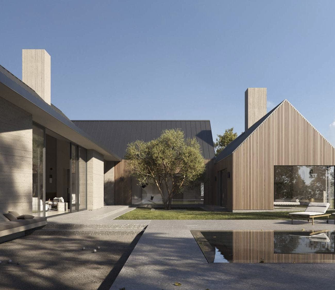 Modern residential house with wood and concrete exterior, outdoor seating, and reflecting pool.