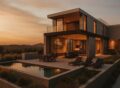 Contemporary modern house with large glass windows, clean lines, and mixed materials including wood and concrete. Pool area with outdoor seating and lounge chairs at sunset.