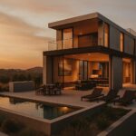 Contemporary modern house with large glass windows, clean lines, and mixed materials including wood and concrete. Pool area with outdoor seating and lounge chairs at sunset.