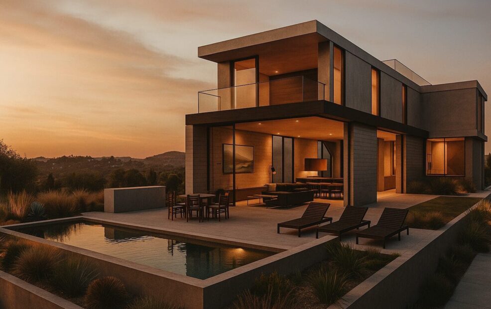 Contemporary modern house with large glass windows, clean lines, and mixed materials including wood and concrete. Pool area with outdoor seating and lounge chairs at sunset.