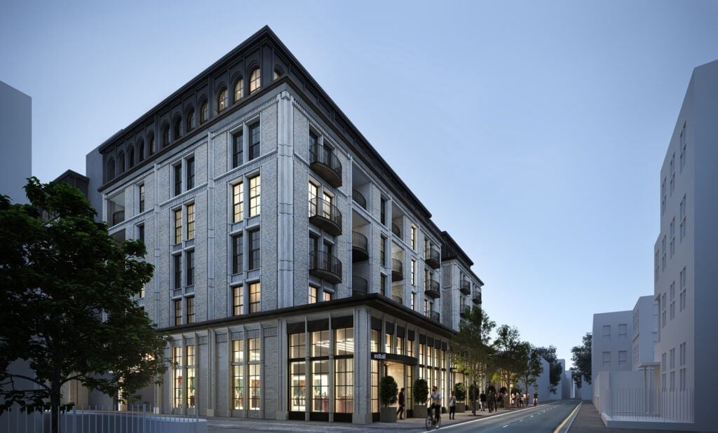 Street-level rendering showing rhythm of balconies and storefront glazing along George Street.